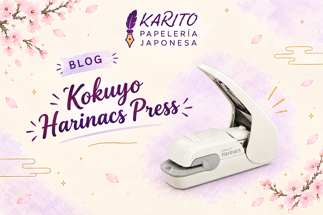 Grapadora sin grapas Kokuyo Harinax Press blanca sobre un fondo claro