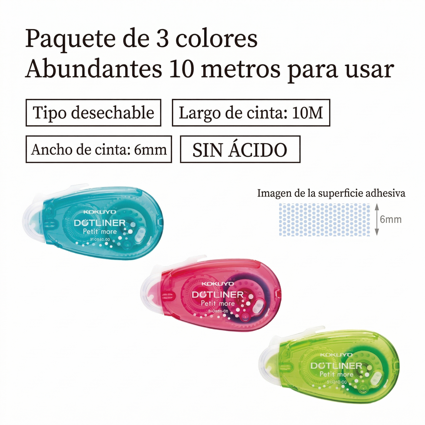 Pegamento en Cinta Kokuyo Dot Liner Petit More - Pack de 3 Unidades