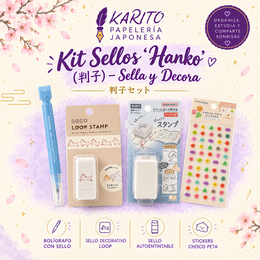 Karito Japan Hanko stamp kit: Kutsuwa stamp pen, Deco Loop decorative stamp, Sunstar Pyokkori self-inking stamp and Choco Peta stickers