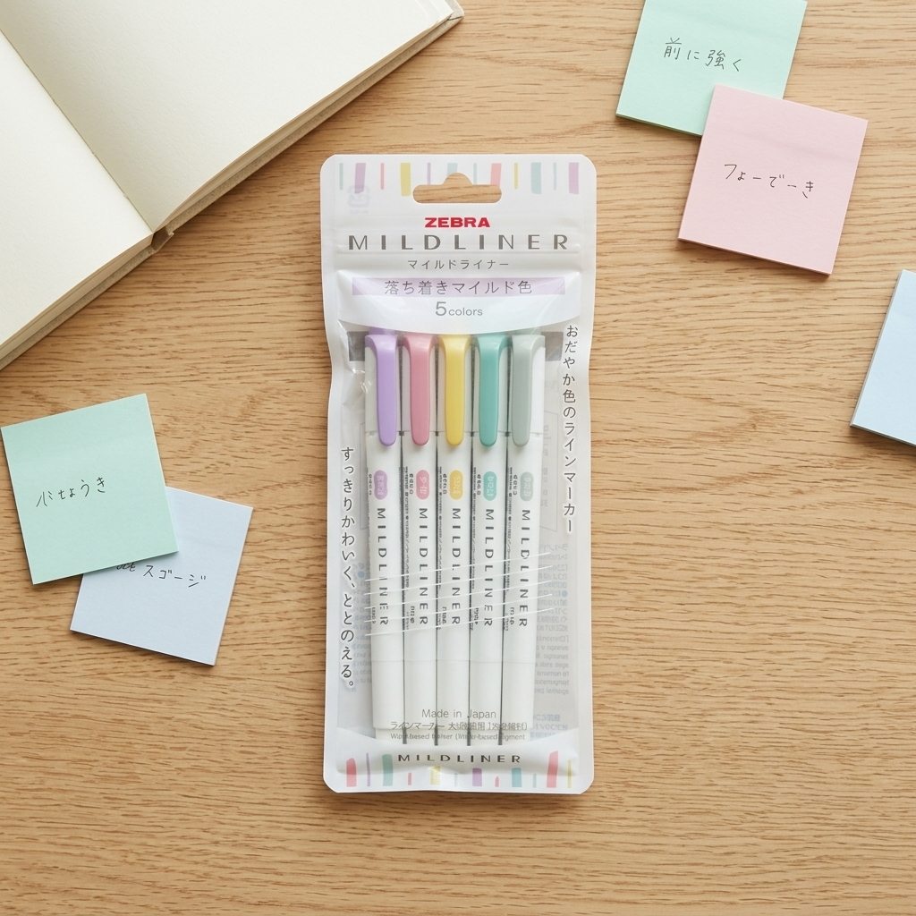 Los cinco Zebra Mildliner de tonos suaves naturales sobre un escritorio